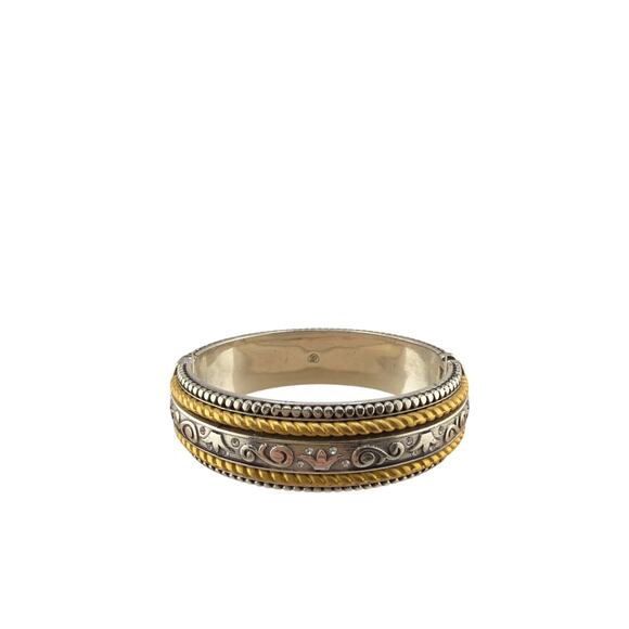 Brighton Jewelry - Vintage Brighton "Unity" Two Tone Embossed Silver Gold Rope Hinged Cuff Bracelet